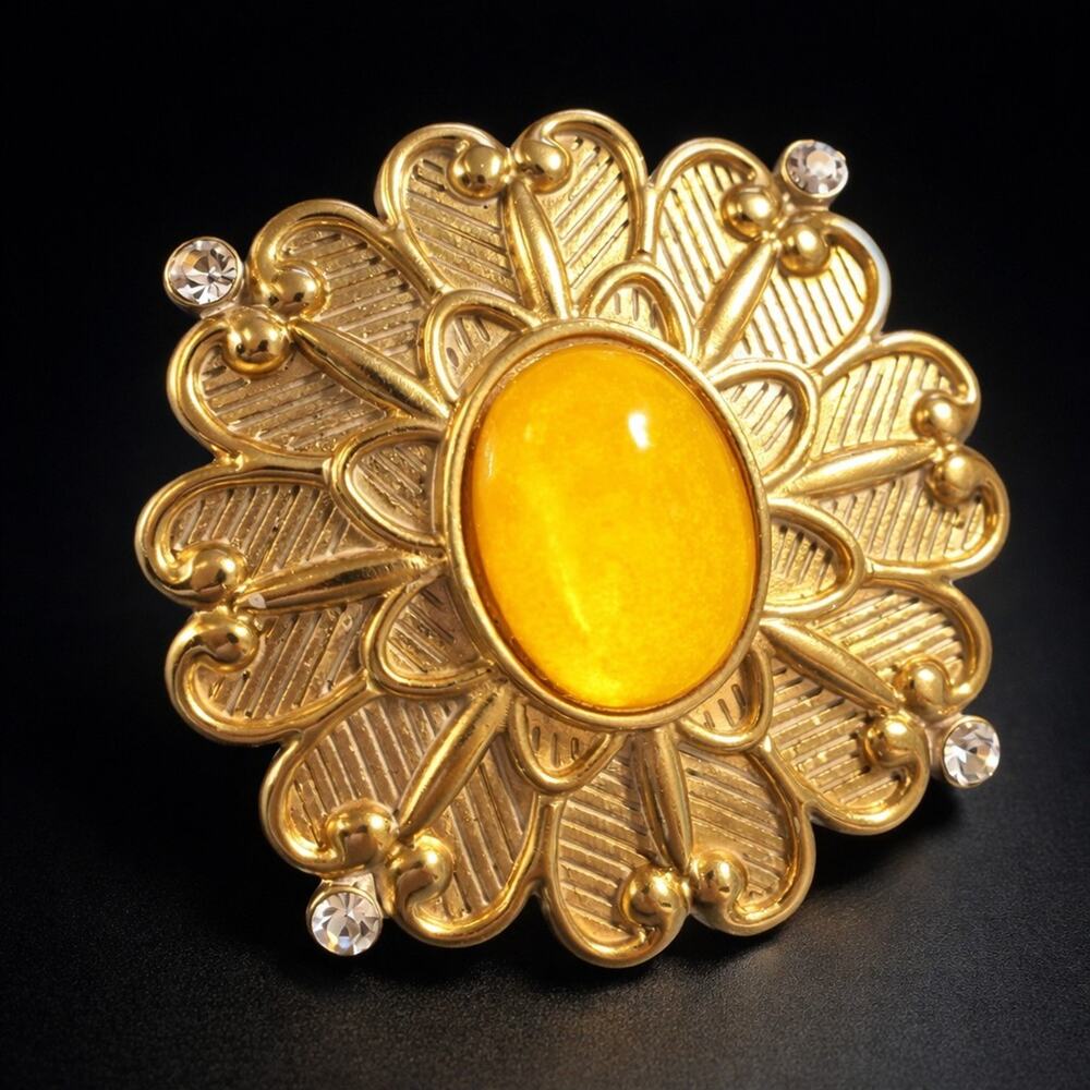 Vintage Large Brooch Pin- 2" Gold-tone & Yellow Lucite Flower Brooch fb1-53